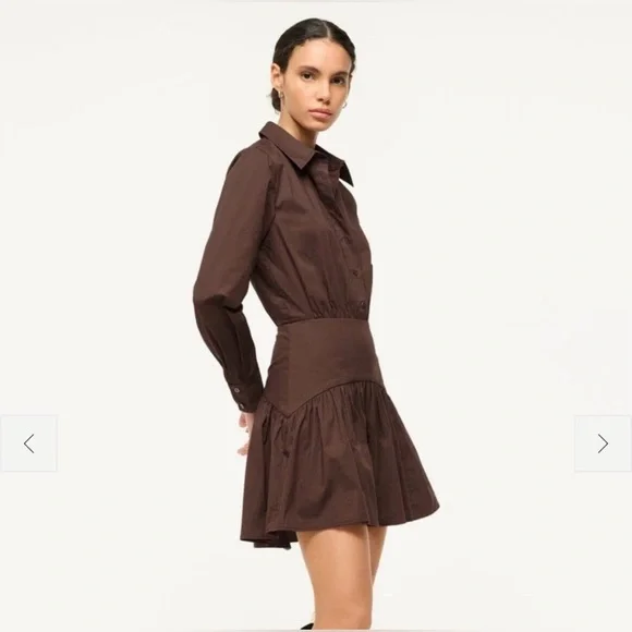 STAUD Rocco Bottom Chocolate Long Sleeve Mini Dress Size 8 - Picture 2 of 12